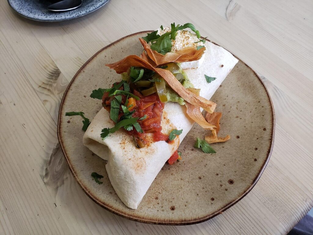 Burrito topped with salsa, guacamole, sour cream and crisp strips